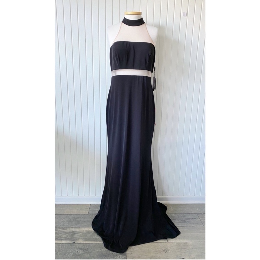NWT Terani Couture Glamour Black Gown Mermaid Halter Illusion Long Dress Size 12